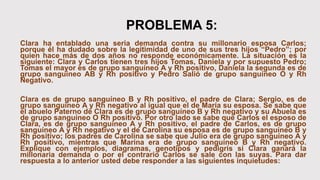 PROBLEMA 5:
Clara ha entablado una seria demanda contra su millonario esposa Carlos;
porque él ha dudado sobre la legitimidad de uno de sus tres hijos “Pedro”; por
quien hace más de dos años no responde económicamente. La situación es la
siguiente: Clara y Carlos tienen tres hijos Tomas, Daniela y por supuesto Pedro;
Tomas el mayor es de grupo sanguíneo A y Rh positivo, Daniela la segunda es de
grupo sanguíneo AB y Rh positivo y Pedro Salió de grupo sanguíneo O y Rh
Negativo.
Clara es de grupo sanguíneo B y Rh positivo, el padre de Clara; Sergio, es de
grupo sanguíneo A y Rh negativo al igual que el de María su esposa. Se sabe que
el abuelo Paterno de Clara es de grupo sanguíneo B y Rh negativo y su Abuela es
de grupo sanguíneo O Rh positivo. Por otro lado se sabe que Carlos el esposo de
Clara, es de grupo sanguíneo A y Rh positivo, el padre de Carlos, es de grupo
sanguíneo A y Rh negativo y el de Carolina su esposa es de grupo sanguíneo B y
Rh positivo; los padres de Carolina se sabe que Julio era de grupo sanguíneo A y
Rh positivo, mientras que Marina era de grupo sanguíneo B y Rh negativo.
Explique con ejemplos, diagramas, genotipos y pedigrís si Clara ganará la
millonaria demanda o por el contrario Carlos se sale con las suyas. Para dar
respuesta a lo anterior usted debe responder a las siguientes inquietudes:
 