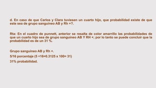 d. En caso de que Carlos y Clara tuviesen un cuarto hijo, que probabilidad existe de que
este sea de grupo sanguíneo AB y Rh +?.
Rta: En el cuadro de punnett, anterior se resalta de color amarrillo las probabilidades de
que un cuarto hijo sea de grupo sanguíneo AB Y RH +; por lo tanto se puede concluir que la
probabilidad es de un 31 %.
Grupo sanguíneo AB y Rh +.
5/16 porcentaje (5 ÷16=0.3125 x 100= 31)
31% probabilidad.
 