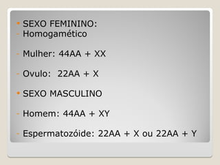  SEXO FEMININO:
- Homogamético
- Mulher: 44AA + XX
- Ovulo: 22AA + X
 SEXO MASCULINO
- Homem: 44AA + XY
- Espermatozóide: 22AA + X ou 22AA + Y
 
