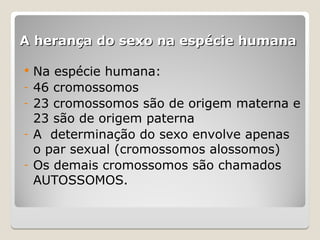 A herança do sexo na espécie humana
A herança do sexo na espécie humana
 Na espécie humana:
- 46 cromossomos
- 23 cromossomos são de origem materna e
23 são de origem paterna
- A determinação do sexo envolve apenas
o par sexual (cromossomos alossomos)
- Os demais cromossomos são chamados
AUTOSSOMOS.
 