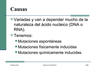 Genética Viral Carlos A. Fernández M. 2008
Causas
 Variadas y van a depender mucho de la
naturaleza del ácido nucleico (DNA o
RNA).
 Tenemos:
 Mutaciones espontáneas
 Mutaciones físicamente inducidas
 Mutaciones químicamente inducidas.
 