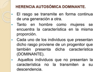 HERENCIA AUTOSÓMICA DOMINANTE.
 El rasgo se transmite en forma continua
de una generación a otra.
 Tanto en hombre como mujeres se
encuentra la característica en la misma
proporción.
 Cada uno de los individuos que presentan
dicho rasgo proviene de un progenitor que
también presenta dicha característica
(DOMINANTE).
 Aquellos individuos que no presentan la
característica no la transmiten a su
descendencia.
 