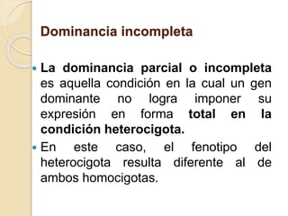 Dominancia incompleta
 La dominancia parcial o incompleta
es aquella condición en la cual un gen
dominante no logra imponer su
expresión en forma total en la
condición heterocigota.
 En este caso, el fenotipo del
heterocigota resulta diferente al de
ambos homocigotas.
 
