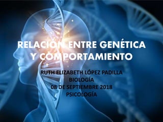 RELACIÓN ENTRE GENÉTICA
Y COMPORTAMIENTO
RUTH ELIZABETH LÓPEZ PADILLA
BIOLOGÍA
08 DE SEPTIEMBRE 2018
PSICOLOGÍA
 