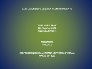 LA RELACIÓN ENTRE GENÉTICA Y COMPORTAMIENTO
DIANA MARIA ERASO
ZULEIMA SANCHEZ
ANGELICA URRESTI
ASIGNATURA
BIOLOGIA
CORPORACION IBEROAMERICANA UNIVERSIDAD VIRTUAL
MARZO 19 -2021
 
