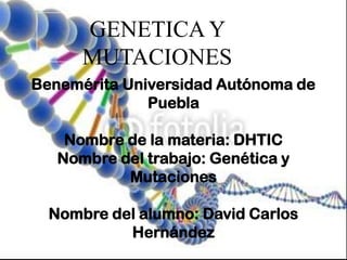 GENETICA Y
      MUTACIONES
Benemérita Universidad Autónoma de
              Puebla

    Nombre de la materia: DHTIC
   Nombre del trabajo: Genética y
           Mutaciones

  Nombre del alumno: David Carlos
           Hernández
 