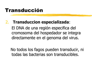 Transducción
2. Transduccion especializada:
El DNA de una región especifica del
cromosoma del hospedador se integra
directamente en el genoma del virus.
No todos los fagos pueden transducir, ni
todas las bacterias son transducibles.
 