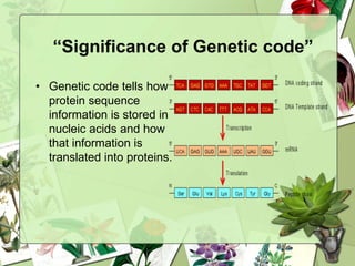 “Significance of Genetic code”
• Genetic code tells how
protein sequence
information is stored in
nucleic acids and how
that information is
translated into proteins.
 