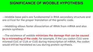 SIGNIFICANCE OF WOOBLE HYPOTHESIS
→Wobble base pairs are fundamental in RNA secondary structure and
are critical for the proper translation of the genetic code.
→Wobbling allows faster dissociation of tRNA from mRNA and also
protein synthesis
→The existence of wobble minimizes the damage that can be caused
by a misreading of the code; for example, if the Leu codon CUU were
misread CUC or CUA or CUG during transcription of mRNA, the codon
would still be translated as Leu during protein synthesis.
 