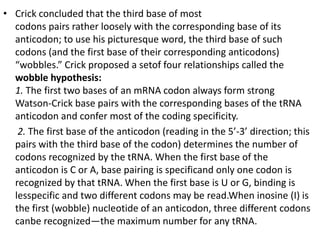 • Crick concluded that the third base of most
codons pairs rather loosely with the corresponding base of its
anticodon; to use his picturesque word, the third base of such
codons (and the first base of their corresponding anticodons)
“wobbles.” Crick proposed a setof four relationships called the
wobble hypothesis:
1. The first two bases of an mRNA codon always form strong
Watson-Crick base pairs with the corresponding bases of the tRNA
anticodon and confer most of the coding specificity.
2. The first base of the anticodon (reading in the 5’-3’ direction; this
pairs with the third base of the codon) determines the number of
codons recognized by the tRNA. When the first base of the
anticodon is C or A, base pairing is specificand only one codon is
recognized by that tRNA. When the first base is U or G, binding is
lesspecific and two different codons may be read.When inosine (I) is
the first (wobble) nucleotide of an anticodon, three different codons
canbe recognized—the maximum number for any tRNA.
 
