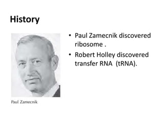 History
• Paul Zamecnik discovered
ribosome .
• Robert Holley discovered
transfer RNA (tRNA).
 