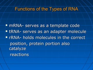 Functions of the Types of RNAFunctions of the Types of RNA
 mRNA- serves as a template codemRNA- serves as a template code
 tRNA- serves as an adapter moleculetRNA- serves as an adapter molecule
 rRNA- holds molecules in the correctrRNA- holds molecules in the correct
position, protein portion alsoposition, protein portion also
catalyzecatalyze
reactionsreactions
 