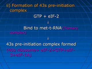 ii) Formation of 43s pre-initiationii) Formation of 43s pre-initiation
complexcomplex
GTP + eIF-2GTP + eIF-2
↓↓
Bind to met-t-RNABind to met-t-RNAii
(Ternary(Ternary
complex)complex)
↓↓
43s pre-initiation complex formed43s pre-initiation complex formed
(40s ribosome+ eIF-2+GTP+eIF-(40s ribosome+ eIF-2+GTP+eIF-
3+eIF-1A)3+eIF-1A)
 