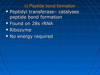 ii) Peptide bond formationii) Peptide bond formation
 Peptidyl transferase– catalysesPeptidyl transferase– catalyses
peptide bond formationpeptide bond formation
 Found on 28s rRNAFound on 28s rRNA
 RibozymeRibozyme
 No energy requiredNo energy required
 