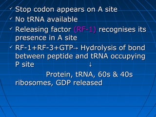  Stop codon appears on A siteStop codon appears on A site
 No tRNA availableNo tRNA available
 Releasing factorReleasing factor (RF-1)(RF-1) recognises itsrecognises its
presence in A sitepresence in A site
 RF-1+RF-3+GTPRF-1+RF-3+GTP Hydrolysis of bond→ Hydrolysis of bond→
between peptide and tRNA occupyingbetween peptide and tRNA occupying
P site ↓P site ↓
Protein, tRNA, 60s & 40sProtein, tRNA, 60s & 40s
ribosomes, GDP releasedribosomes, GDP released
 