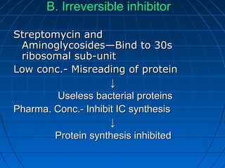 B. Irreversible inhibitorB. Irreversible inhibitor
Streptomycin andStreptomycin and
Aminoglycosides—Bind to 30sAminoglycosides—Bind to 30s
ribosomal sub-unitribosomal sub-unit
Low conc.- Misreading of proteinLow conc.- Misreading of protein
↓↓
Useless bacterial proteinsUseless bacterial proteins
Pharma. Conc.- Inhibit IC synthesisPharma. Conc.- Inhibit IC synthesis
↓↓
Protein synthesis inhibitedProtein synthesis inhibited
 