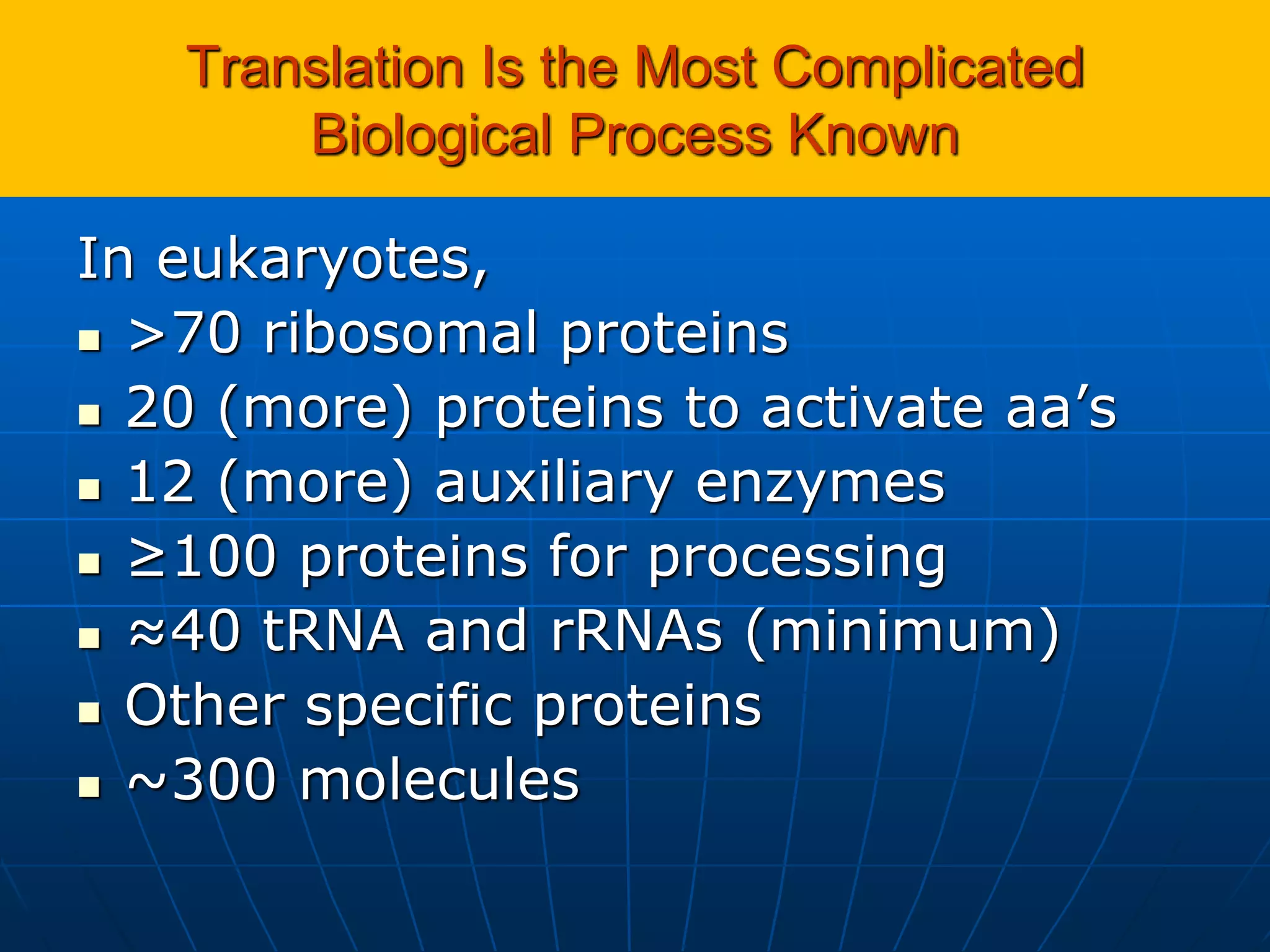 Translation Is the Most Complicated
Biological Process Known
In eukaryotes,
 >70 ribosomal proteins
 20 (more) proteins to activate aa’s
 12 (more) auxiliary enzymes
 ≥100 proteins for processing
 ≈40 tRNA and rRNAs (minimum)
 Other specific proteins
 ~300 molecules
 