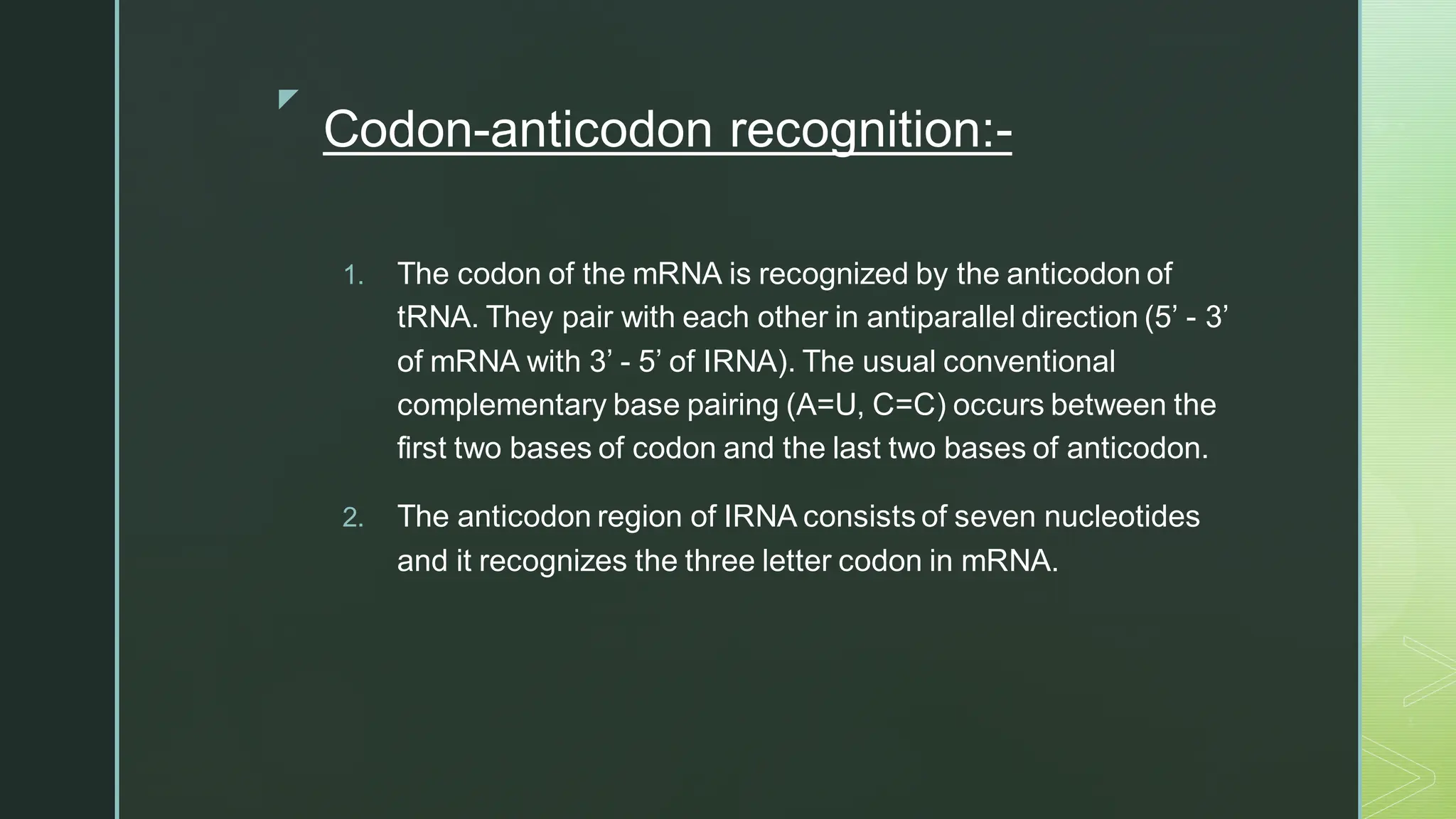 
Codon-anticodon recognition:-
1. The codon of the mRNA is recognized by the anticodon of
tRNA. They pair with each other in antiparallel direction (5’ - 3’
of mRNA with 3’ - 5’ of IRNA). The usual conventional
complementary base pairing (A=U, C=C) occurs between the
first two bases of codon and the last two bases of anticodon.
2. The anticodon region of IRNA consists of seven nucleotides
and it recognizes the three letter codon in mRNA.
 