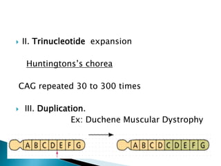  II. Trinucleotide expansion
Huntingtons’s chorea
CAG repeated 30 to 300 times
 III. Duplication.
Ex: Duchene Muscular Dystrophy
 
