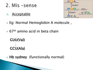 A. Acceptable
 Eg: Normal Hemoglobin A molecule ,
 67th amino acid in beta chain
GUU(Val)
GCU(Ala)
 Hb sydney (functionally normal)
 