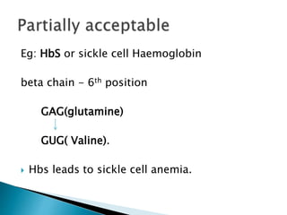 Eg: HbS or sickle cell Haemoglobin
beta chain - 6th position
GAG(glutamine)
GUG( Valine).
 Hbs leads to sickle cell anemia.
 