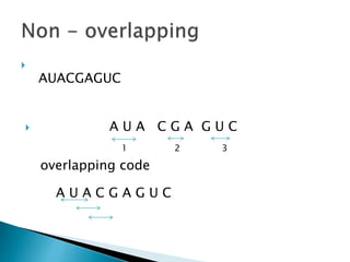
AUACGAGUC
 A U A C G A G U C
1 2 3
overlapping code
A U A C G A G U C
 