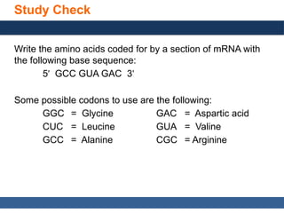 General, Organic, and Biological Chemistry: Structures of Life, 5/e
Karen C. Timberlake
© 2016 Pearson Education, Inc.
Study Check
Write the amino acids coded for by a section of mRNA with
the following base sequence:
5 GCC GUA GAC 3
ʹ ʹ
Some possible codons to use are the following:
GGC = Glycine GAC = Aspartic acid
CUC = Leucine GUA = Valine
GCC = Alanine CGC = Arginine
 