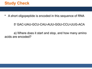 General, Organic, and Biological Chemistry: Structures of Life, 5/e
Karen C. Timberlake
© 2016 Pearson Education, Inc.
Study Check
• A short oligopeptide is encoded in this sequence of RNA
5' GAC-UAU-GCU-CAU-AUU-GGU-CCU-UUG-ACA
a) Where does it start and stop, and how many amino
acids are encoded?
 