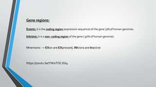 Gene regions:
Exons: it is the coding region (expression sequence) of the gene (3% of human genome).
Introns: it is a non- coding region of the gene ( 97% of human genome).
Mnemonic → EXon are EXpressed, INtrons are Inactive
https://youtu.be/YtKoTOCJGt4
 