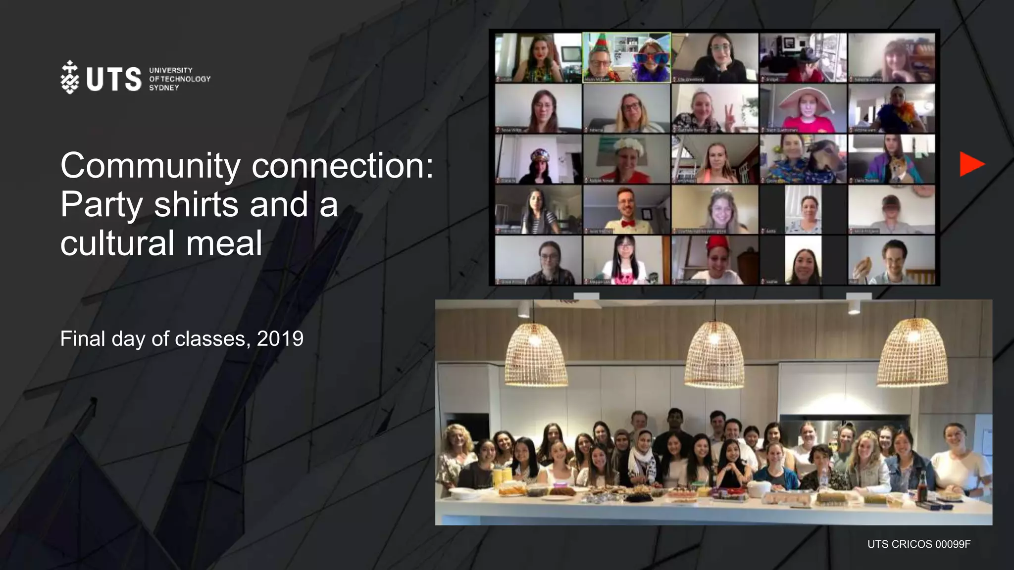 UTS CRICOS 00099F
Community connection:
Party shirts and a
cultural meal
Final day of classes, 2019
 