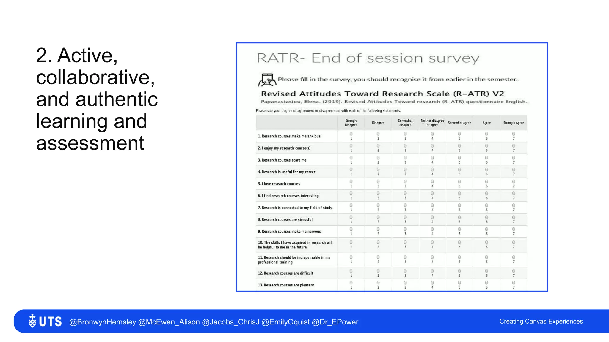 2. Active,
collaborative,
and authentic
learning and
assessment
Creating Canvas Experiences@BronwynHemsley @McEwen_Alison @Jacobs_ChrisJ @EmilyOquist @Dr_EPower
 