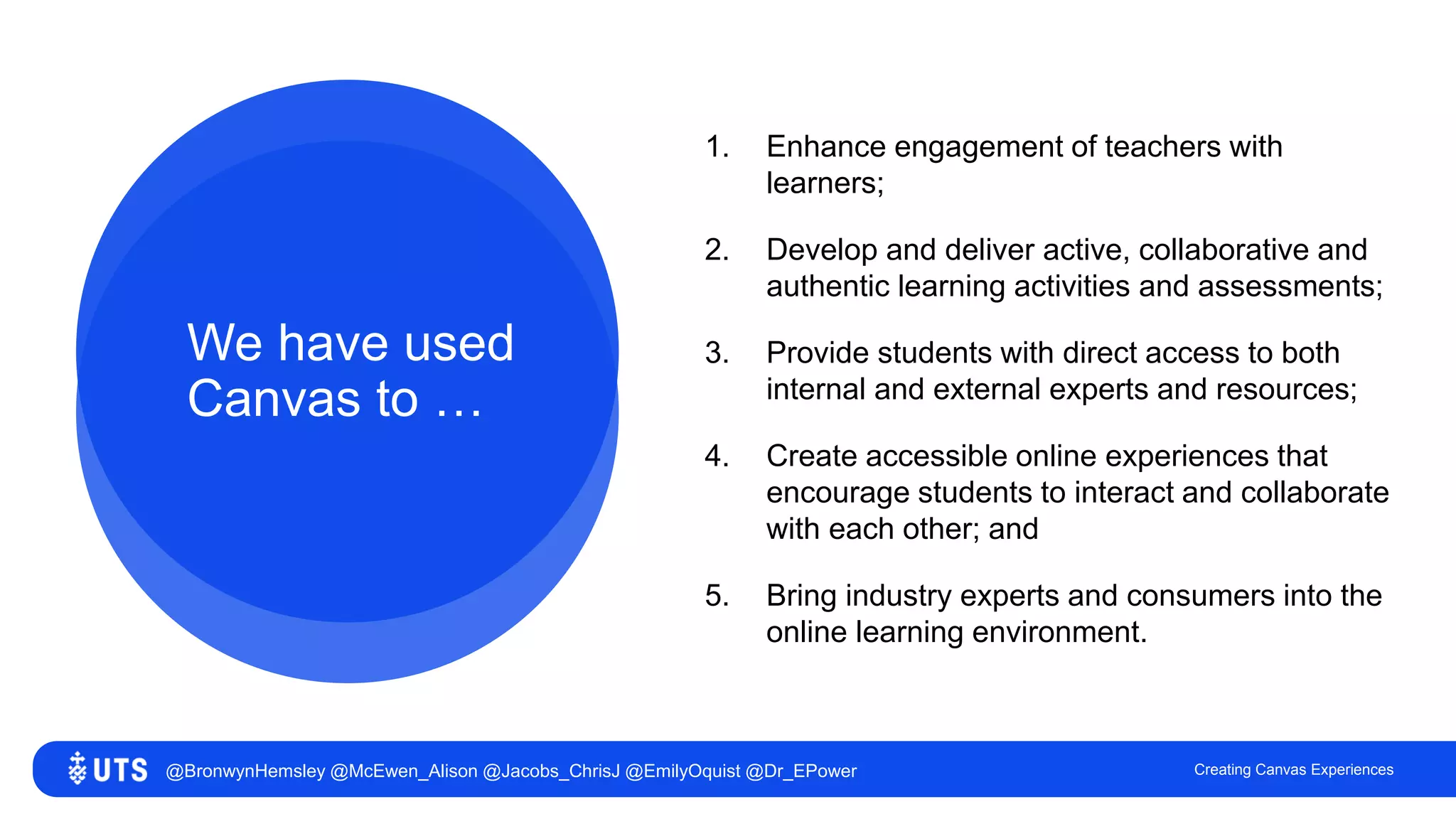 We have used
Canvas to …
1. Enhance engagement of teachers with
learners;
2. Develop and deliver active, collaborative and
authentic learning activities and assessments;
3. Provide students with direct access to both
internal and external experts and resources;
4. Create accessible online experiences that
encourage students to interact and collaborate
with each other; and
5. Bring industry experts and consumers into the
online learning environment.
Creating Canvas Experiences@BronwynHemsley @McEwen_Alison @Jacobs_ChrisJ @EmilyOquist @Dr_EPower
 