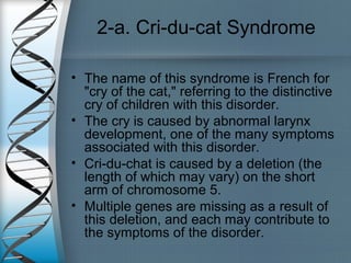 2-a. Cri-du-cat Syndrome
• The name of this syndrome is French for
"cry of the cat," referring to the distinctive
cry of children with this disorder.
• The cry is caused by abnormal larynx
development, one of the many symptoms
associated with this disorder.
• Cri-du-chat is caused by a deletion (the
length of which may vary) on the short
arm of chromosome 5.
• Multiple genes are missing as a result of
this deletion, and each may contribute to
the symptoms of the disorder.
 
