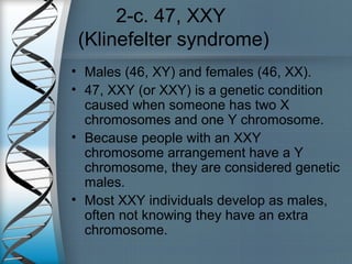 2-c. 47, XXY
(Klinefelter syndrome)
• Males (46, XY) and females (46, XX).
• 47, XXY (or XXY) is a genetic condition
caused when someone has two X
chromosomes and one Y chromosome.
• Because people with an XXY
chromosome arrangement have a Y
chromosome, they are considered genetic
males.
• Most XXY individuals develop as males,
often not knowing they have an extra
chromosome.
 