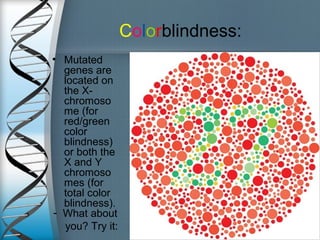 Colorblindness:
• Mutated
genes are
located on
the X-
chromoso
me (for
red/green
color
blindness)
or both the
X and Y
chromoso
mes (for
total color
blindness).
- What about
you? Try it:
 