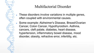Multifactorial Disorder
 These disorders involve variations in multiple genes,
often coupled with environmental causes.
 Some example: Alzheimer's Disease, Breast/Ovarian
Cancer, Colon Cancer, Hypothyroidism. Asthma,
cancers, cleft palate, diabetes, heart disease,
hypertension, inflammatory bowel disease, mood
disorder, obesity, refractive error, infertility, etc.
 