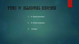 1. X- linked dominant
2. X- linked recessive
3. Y-linked
 