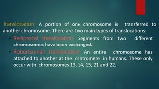 Translocation: A portion of one chromosome is transferred to
another chromosome. There are two main types of translocations:
• Reciprocal translocation: Segments from two different
chromosomes have been exchanged.
• Robertsonian translocation: An entire chromosome has
attached to another at the centromere in humans. These only
occur with chromosomes 13, 14, 15, 21 and 22.
 