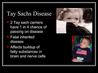 Tay Sachs Disease






2 Tay sach carriers
have 1 in 4 chance of
passing on disease
Fatal inherited
disease
Affects buildup of
fatty substances in
brain and nerve cells

 