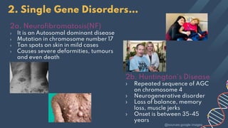 2a. Neurofibromatosis(NF)
› It is an Autosomal dominant disease
› Mutation in chromosome number 17
› Tan spots on skin in mild cases
› Causes severe deformities, tumours
and even death
2b. Huntington’s Disease
› Repeated sequence of AGC
on chromosome 4
› Neurogenerative disorder
› Loss of balance, memory
loss, muscle jerks
› Onset is between 35-45
years
2. Single Gene Disorders…
@sources:google images
 