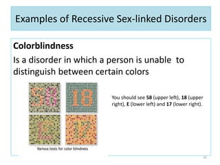 Examples of Recessive Sex-linked Disorders
Colorblindness
Is a disorder in which a person is unable to
distinguish between certain colors
35
You should see 58 (upper left), 18 (upper
right), E (lower left) and 17 (lower right).
 