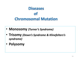 • Monosomy (Turner’s Syndrome)
• Trisomy (Down’s Syndrome & Klinefelters’s
syndrome)
• Polysomy
54
 