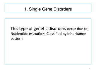 1. Single Gene Disorders
This type of genetic disorders occur due to
Nucleotide mutation. Classified by inheritance
pattern
6
 
