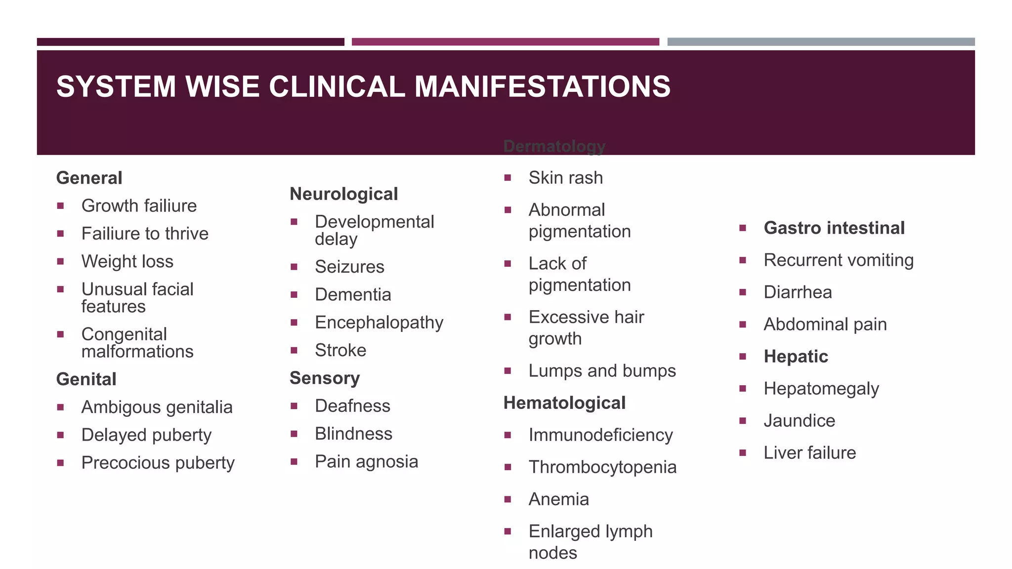 SYSTEM WISE CLINICAL MANIFESTATIONS
General
 Growth failiure
 Failiure to thrive
 Weight loss
 Unusual facial
features
 Congenital
malformations
Genital
 Ambigous genitalia
 Delayed puberty
 Precocious puberty
Neurological
 Developmental
delay
 Seizures
 Dementia
 Encephalopathy
 Stroke
Sensory
 Deafness
 Blindness
 Pain agnosia
Dermatology
 Skin rash
 Abnormal
pigmentation
 Lack of
pigmentation
 Excessive hair
growth
 Lumps and bumps
Hematological
 Immunodeficiency
 Thrombocytopenia
 Anemia
 Enlarged lymph
nodes
 Gastro intestinal
 Recurrent vomiting
 Diarrhea
 Abdominal pain
 Hepatic
 Hepatomegaly
 Jaundice
 Liver failure
 