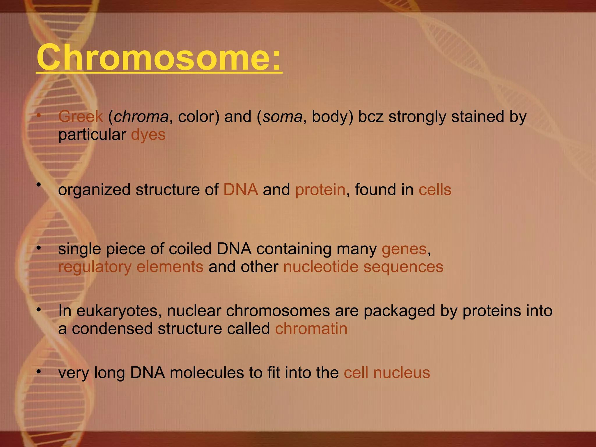 Chromosome: Greek  ( chroma , color) and ( soma , body) bcz strongly stained by particular  dyes   organized structure of  DNA  and  protein , found in  cells   single piece of coiled DNA containing many  genes ,  regulatory elements  and other  nucleotide sequences   In eukaryotes, nuclear chromosomes are packaged by proteins into a condensed structure called  chromatin   very long DNA molecules to fit into the  cell nucleus   