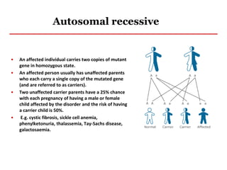 Autosomal recessive
• An affected individual carries two copies of mutant
gene in homozygous state.
• An affected person usually has unaffected parents
who each carry a single copy of the mutated gene
(and are referred to as carriers).
• Two unaffected carrier parents have a 25% chance
with each pregnancy of having a male or female
child affected by the disorder and the risk of having
a carrier child is 50%.
• E.g. cystic fibrosis, sickle cell anemia,
phenylketonuria, thalassemia, Tay-Sachs disease,
galactosaemia.
 