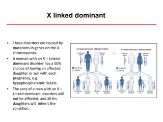 X linked dominant
• These disorders are caused by
mutations in genes on the X
chromosomes.
• A woman with an X – Linked
dominant disorder has a 50%
chance of having an affected
daughter or son with each
pregnancy, e.g.
hypophosphatemic rickets.
• The sons of a man with an X –
Linked dominant disorders will
not be affected, and all his
daughters will inherit the
condition.
 
