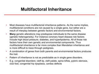 Multifactoral Inheritance
• Most diseases have multifactorial inheritance patterns. As the name implies,
multifactorial conditions are not caused by a single gene, but rather are a
result of interplay between genetic factors and environmental factors.
• Many genetic alterations may predispose individuals to the same disease
(genetic heterogeneity). For instance coronary heart disease risk factors
include high blood pressure, diabetes, and hyperlipidemia. All of those risk
factors have their own genetic and environmental components. Thus
multifactorial inheritance is far more complex than Mendelian inheritance and
is more difficult to trace through pedigrees.
• A combination of genes from both parents and environmental factors produces
the trait.
• Pattern of inheritance is not as predictable as in single gene disorders.
• E.g. congenital disorders: cleft lip, cleft palate, spina bifida, pyloric stenosis,
club foot, congenital hip dysplasia, cardiac defects
 