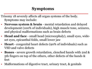 Symptoms
Trisomy 18 severely affects all organ systems of the body.
Symptoms may include:
• Nervous system & brain - mental retardation and delayed
development (100% of individuals), high muscle tone, seizures,
and physical malformations such as brain defects
• Head and face - small head (microcephaly), small eyes, wide-
set eyes, epicanthal folds, small lower jaw
• Heart - congenital heart defects (90% of individuals) such as
VSD and valve defects
• Bones - severe growth retardation, clenched hands with 2nd &
5th fingers on top of the others, other defects of the hands &
feet
• Malformations of digestive tract, urinary tract, & genitals
 