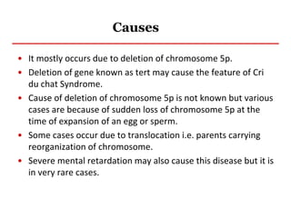 Causes
• It mostly occurs due to deletion of chromosome 5p.
• Deletion of gene known as tert may cause the feature of Cri
du chat Syndrome.
• Cause of deletion of chromosome 5p is not known but various
cases are because of sudden loss of chromosome 5p at the
time of expansion of an egg or sperm.
• Some cases occur due to translocation i.e. parents carrying
reorganization of chromosome.
• Severe mental retardation may also cause this disease but it is
in very rare cases.
 